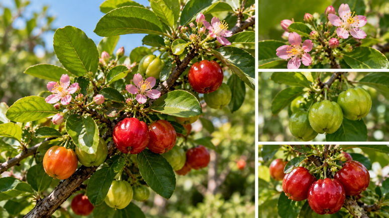 A aceroleira pode florescer v&aacute;rias vezes durante o ano. Entenda como ocorre a sucess&atilde;o entre bot&otilde;es, flores, frutos verdes e acerolas maduras na mesma planta.