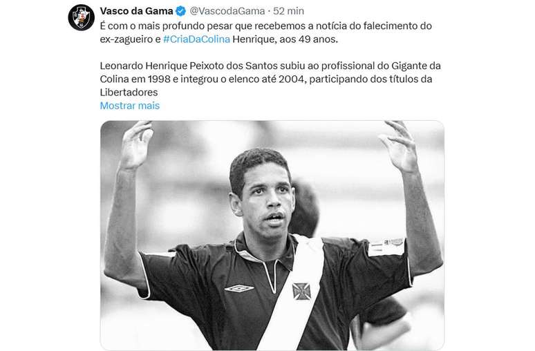 Vasco lamentou a morte de Henrique nas redes sociais &ndash;