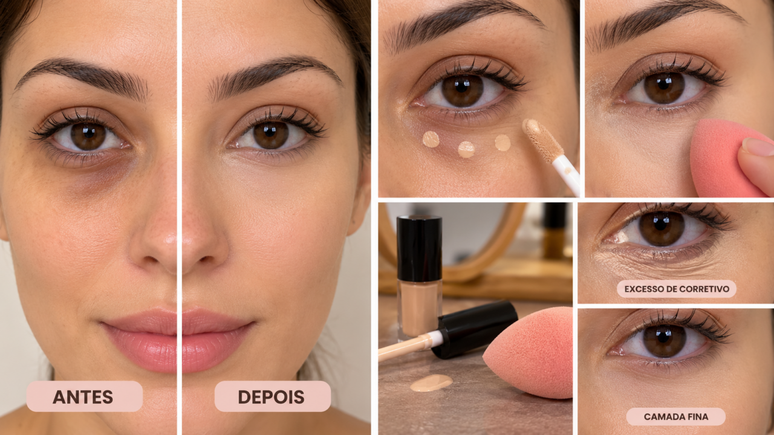 Excesso de corretivo pode deixar a regi&atilde;o dos olhos pesada e marcada. Veja como aplicar o produto aos poucos para equilibrar cobertura e acabamento.