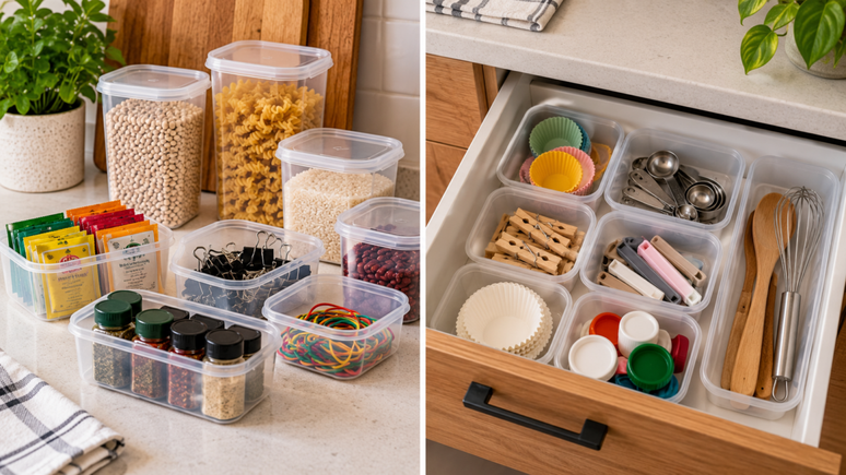 Como reaproveitar embalagens na cozinha? Aprenda a transformar recipientes r&iacute;gidos em organizadores pr&aacute;ticos para gavetas e arm&aacute;rios, com cuidados de higiene.