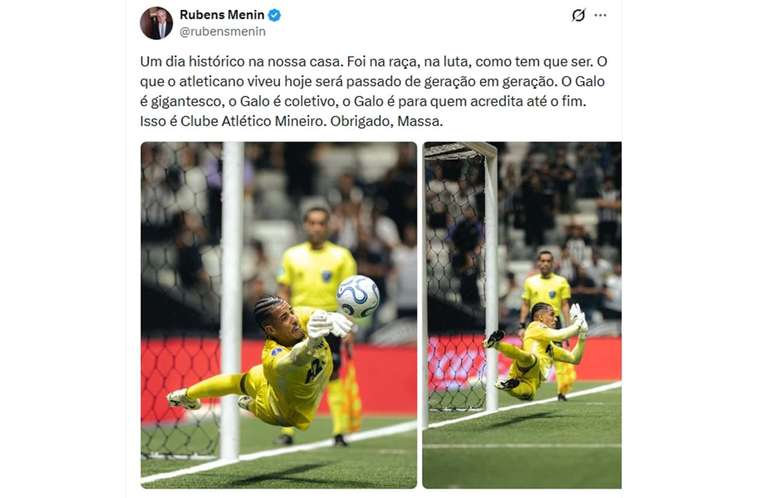 Post de Rubens Menin para a torcida do Galo &ndash;