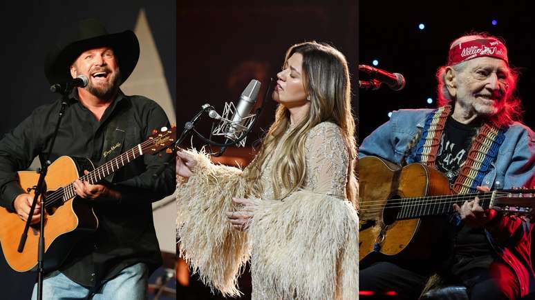 Da esquerda para a direita: Garth Brooks, Kelly Clarkson e Willie Nelson s&atilde;o os destaques do Stagecoach 2027 (Fotos: Erika Goldring/Getty Images for Strait To The Heart, Denise Truscello/Getty Images for Live Nation Las Vegas e Gary Miller/Getty Images)