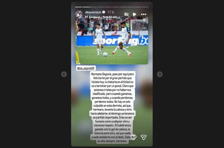Texto de Deyverson como mostra de apoio a companheiro de LDU &ndash;