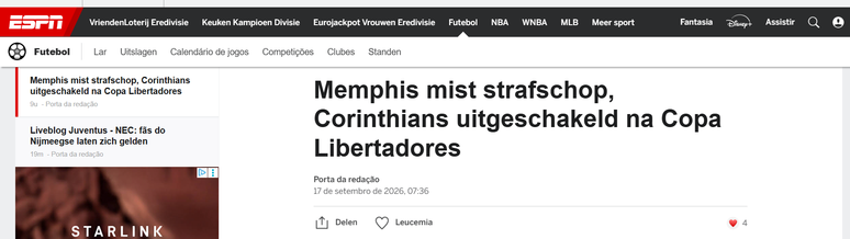 Manchete da ESPN holandesa