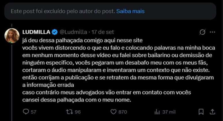 Ludmilla afirmou que pretende acionar a Justi&ccedil;a ap&oacute;s trechos de &aacute;udio enviado a f&atilde;s circularem no X