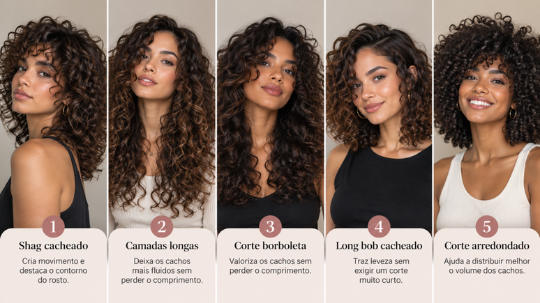 Qual corte valoriza cabelos cacheados sem pesar? Conhe&ccedil;a 5 estilos com camadas e entenda como formato do rosto, curvatura e encolhimento influenciam o resultado.