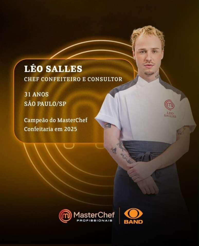 L&eacute;o Salles volta ao MasterChef ap&oacute;s vencer o MasterChef Confeitaria em 2025