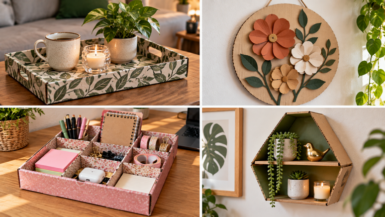 Como reutilizar caixa de pizza? Aprenda a transformar o papel&atilde;o em objetos decorativos e organizadores com recortes, divis&oacute;rias, pintura e revestimentos.