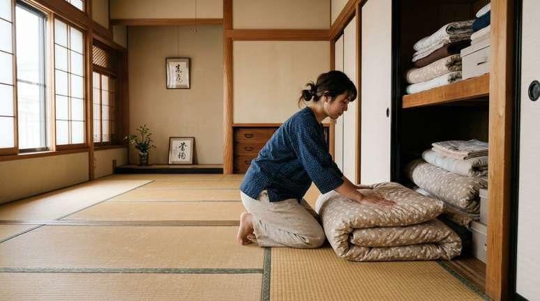 Nas casas japonesas tradicionais, o futon pode ser guardado em um oshiire, um arm&aacute;rio profundo feito justamente para acomodar roupas de cama e outros objetos volumosos.