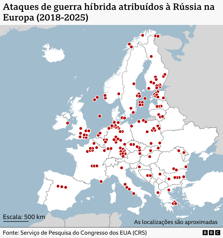 Um mapa da Europa com pontos vermelhos mostrando poss&iacute;veis ataques de guerra h&iacute;brida ligados &agrave; R&uacute;ssia na Europa.