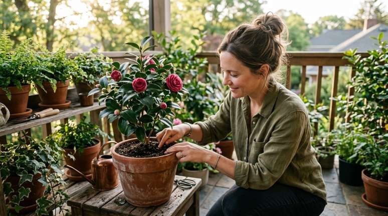 Um dos motivos para a cam&eacute;lia funcionar t&atilde;o bem em terra&ccedil;os &eacute; que ela n&atilde;o depende apenas das flores para chamar aten&ccedil;&atilde;o.