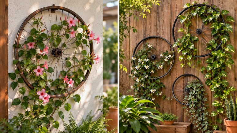 Roda de bicicleta sem uso pode virar suporte para plantas trepadeiras. Confira como montar a estrutura, escolher esp&eacute;cies leves e integr&aacute;-la &agrave; decora&ccedil;&atilde;o do jardim.