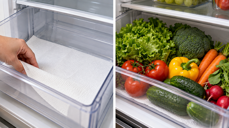 Gaveta de legumes molhada? Veja como o papel-toalha pode absorver parte da umidade, por que deve ser trocado quando estiver &uacute;mido e quais s&atilde;o os limites.