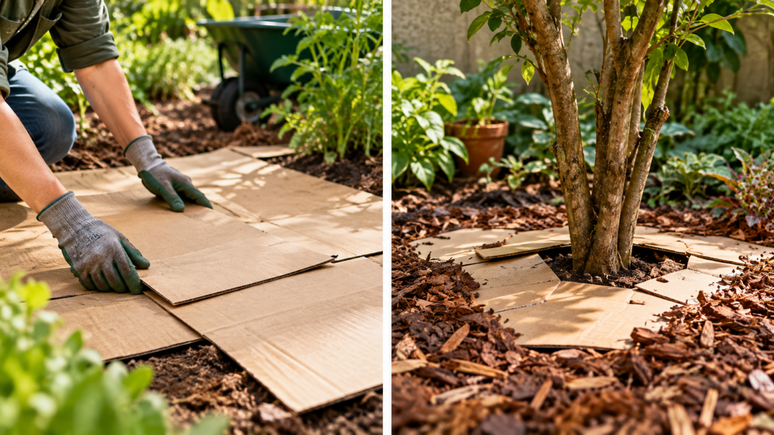 Papel&atilde;o no jardim funciona? Entenda como a t&eacute;cnica sheet mulching utiliza caixas simples para cobrir o solo, reduzir ervas daninhas e favorecer a decomposi&ccedil;&atilde;o.