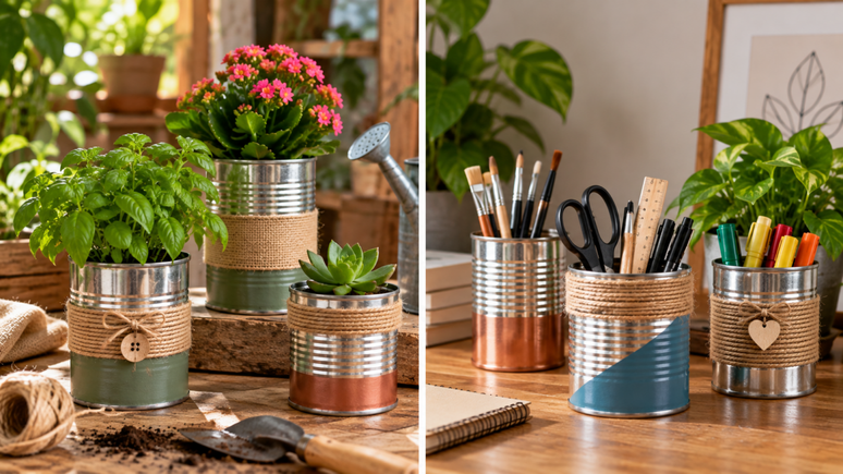Uma lata comum pode ganhar apar&ecirc;ncia artesanal com poucos detalhes. Veja como decorar o metal, criar vasos e organizar objetos usando materiais simples.