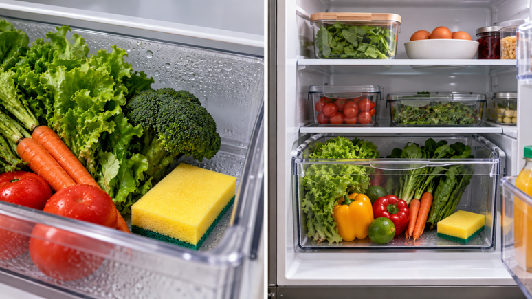 Gaveta de hortali&ccedil;as com &aacute;gua acumulada? Veja por que algumas pessoas usam uma esponja para absorver a umidade e o que fazer para evitar problemas com os alimentos.