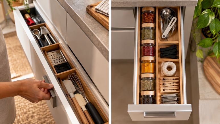 Como organizar uma gaveta estreita da cozinha? Confira dicas para aproveitar melhor o espa&ccedil;o, separar utens&iacute;lios e manter os objetos mais usados sempre acess&iacute;veis.
