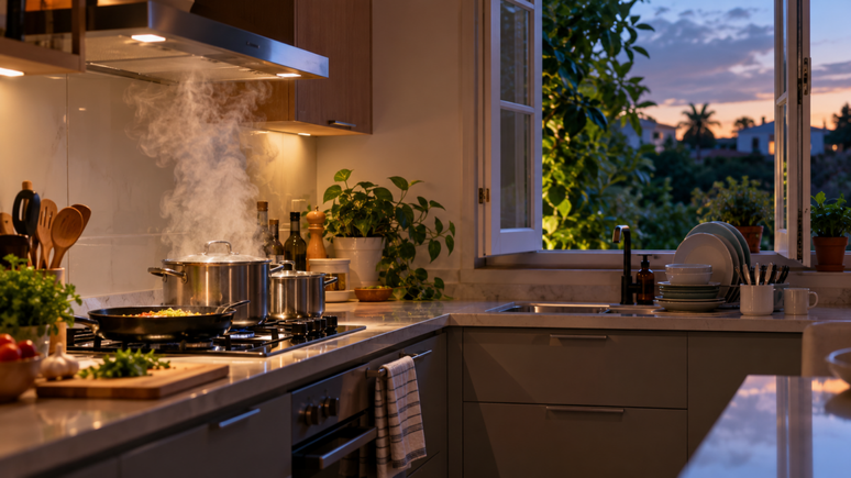 Vapor preso na cozinha pode gerar condensa&ccedil;&atilde;o em paredes e janelas. Entenda por que a ventila&ccedil;&atilde;o ap&oacute;s o jantar ajuda a controlar a umidade do ambiente.