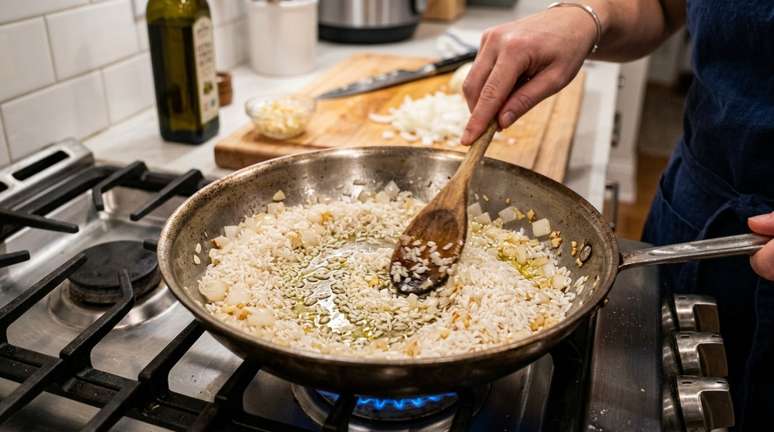 Durante esse breve refogado, uma fina camada de gordura se espalha pela superf&iacute;cie do arroz.
