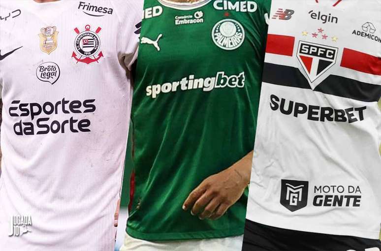 Maioria dos clubes tem patroc&iacute;nio com casas de apostas &ndash; Fotos: Rodrigo Coca/Ag&ecirc;ncia Corinthians; Cesar Greco/Palmeiras; Rubens Chiri/S&atilde;o Paulo