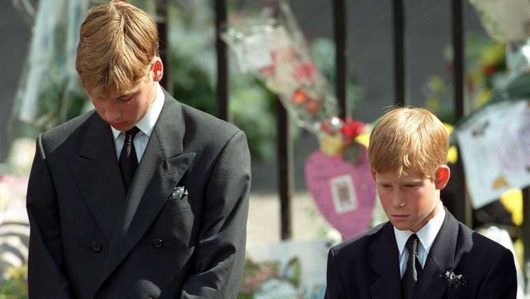 Os pr&iacute;ncipes William e Harry caminharam atr&aacute;s do caix&atilde;o da m&atilde;e