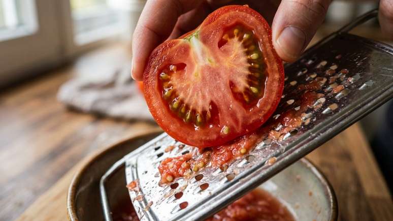 A combina&ccedil;&atilde;o simples de p&atilde;o crocante, azeite extravirgem e tomate fresco eleva o desjejum di&aacute;rio.