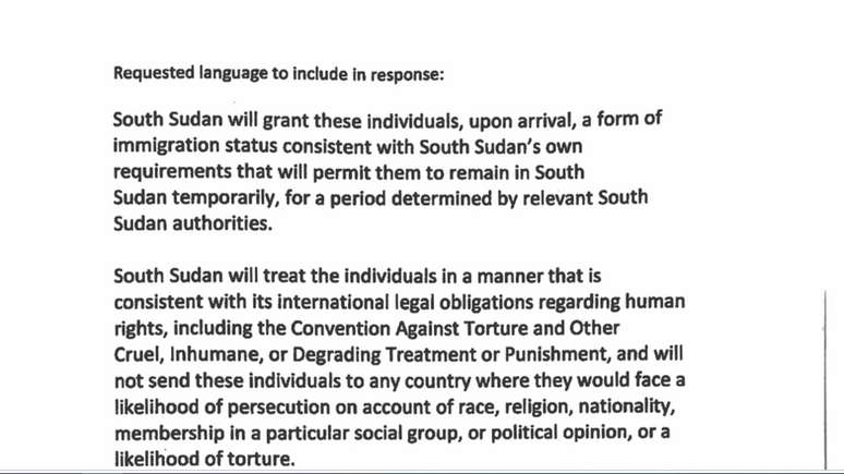 Captura de tela de uma nota diplom&aacute;tica dos Estados Unidos para autoridades do Sud&atilde;o do Sul, em 10 de maio de 2025.
