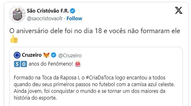 Resposta do S&atilde;o Crist&oacute;v&atilde;o ao Cruzeiro &ndash;