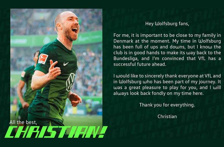 Wolfsburg postou nas redes mensagem de agradecimento de Eriksen &ndash;