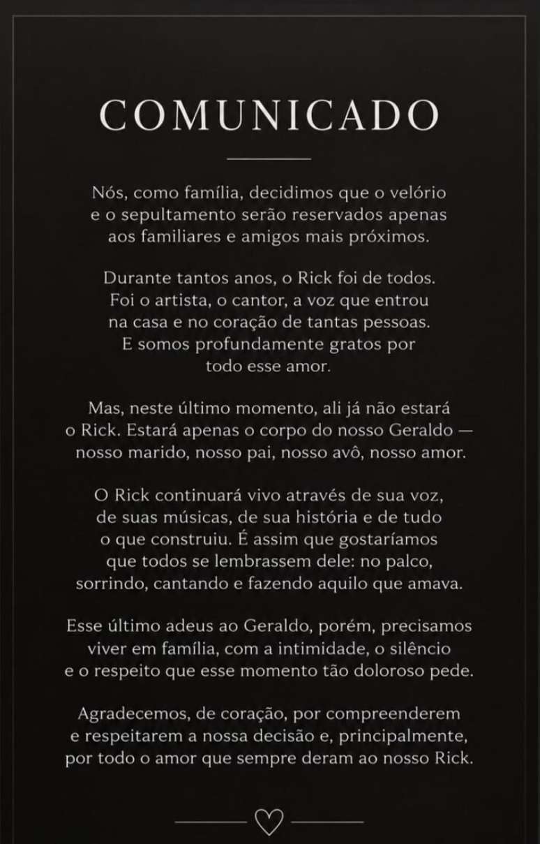 Vi&uacute;va de Rick, Geralda Carvalho justifica vel&oacute;rio &iacute;ntimo do cantor