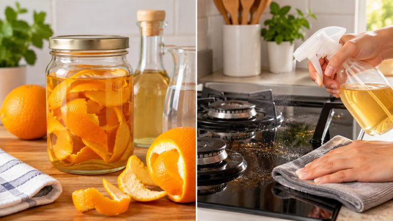 Vinagre com casca de laranja funciona na limpeza? Entenda o papel do limoneno, aprenda a preparar a mistura e conhe&ccedil;a os cuidados de aplica&ccedil;&atilde;o.