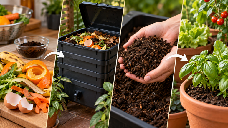 Compostagem em casa &eacute; poss&iacute;vel at&eacute; em espa&ccedil;os pequenos. Confira como equilibrar materiais &uacute;midos e secos e identificar quando o composto est&aacute; pronto.