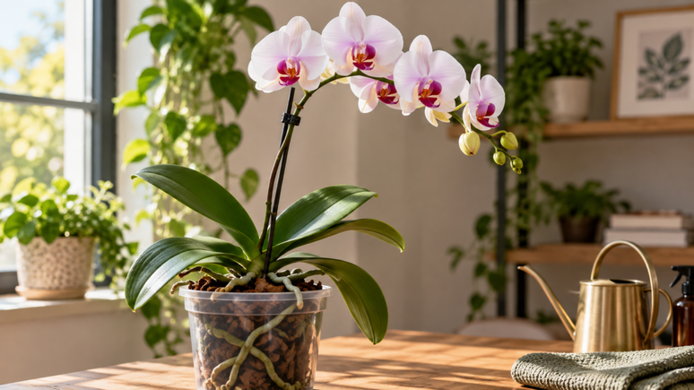 Sua Phalaenopsis perdeu as flores? Saiba quando cortar a haste, como identificar novos brotos e quais cuidados ajudam a estimular outra flora&ccedil;&atilde;o.