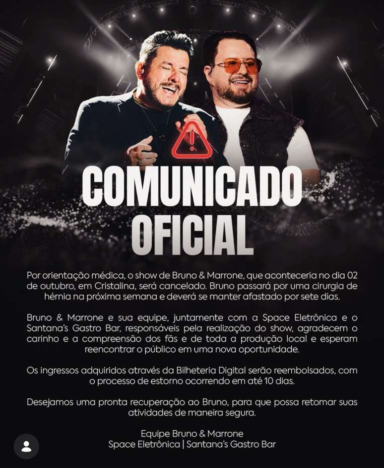 Comunicado publicado pelo local onde seria o show da dupla