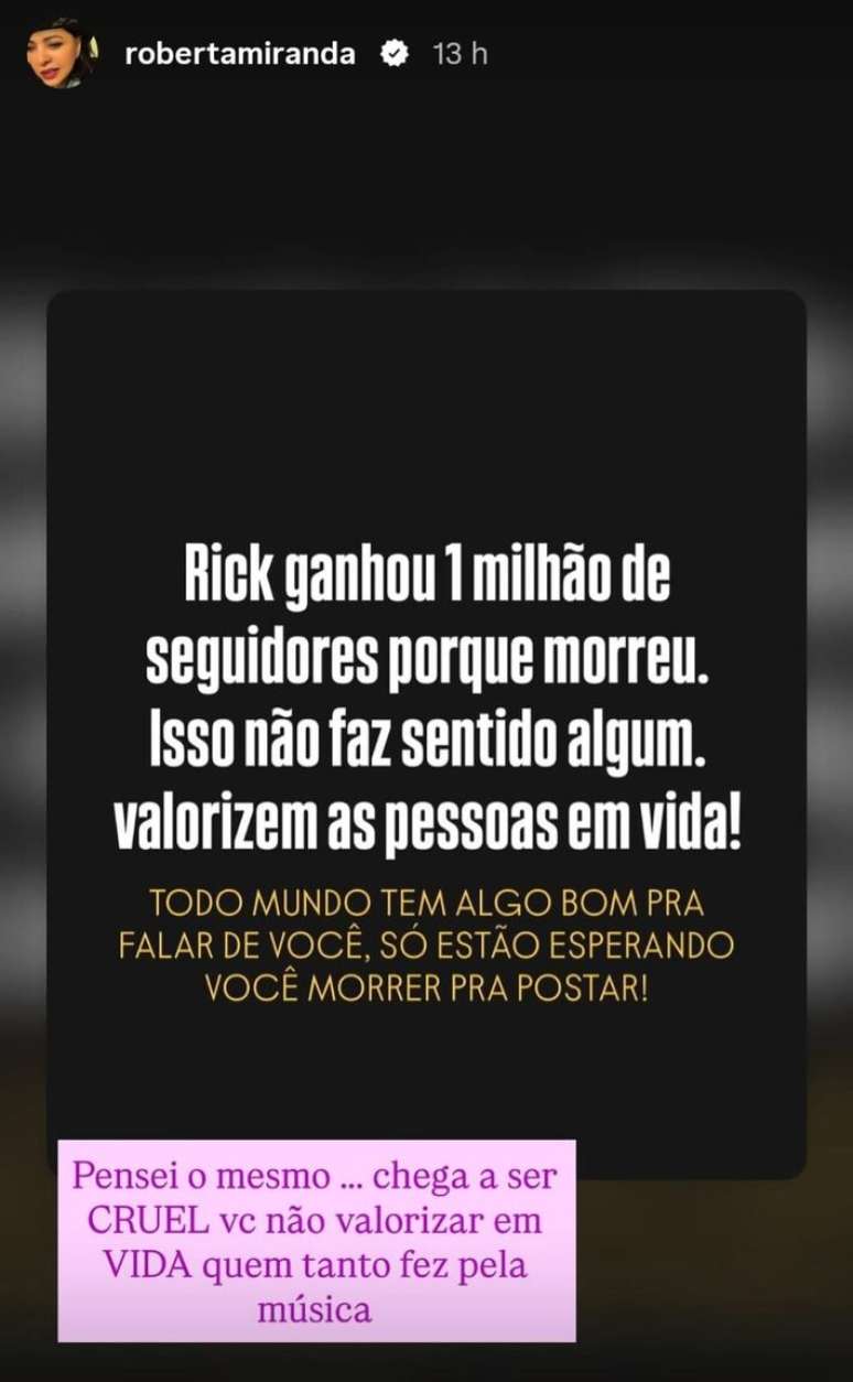 Roberta Miranda se revolta ao descobrir que Rick ganhou mais de 1 milh&atilde;o de seguidores ap&oacute;s a morte