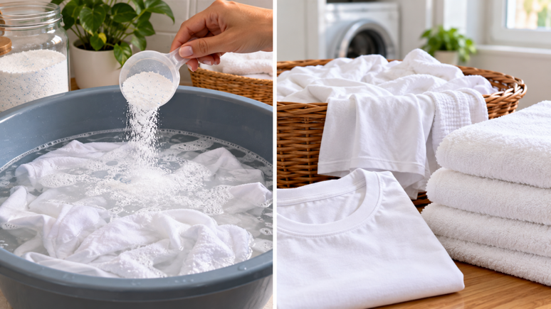 Percarbonato de s&oacute;dio clareia roupas brancas? Entenda como funciona esse alvejante &agrave; base de oxig&ecirc;nio e quais cuidados evitam danos &agrave;s pe&ccedil;as.