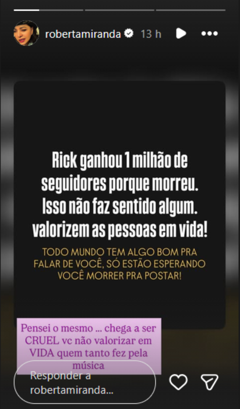Publica&ccedil;&atilde;o feita por Roberta Miranda em seu perfil no Instagram