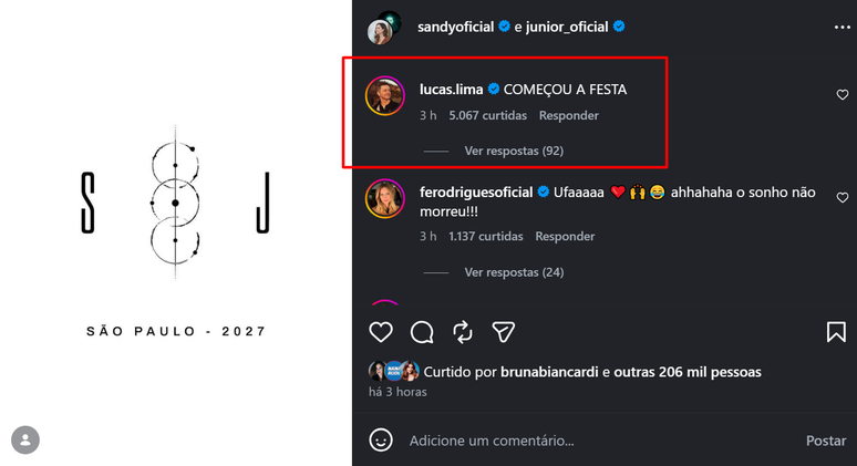 Rea&ccedil;&atilde;o de Lucas Lima ao an&uacute;ncio de Sandy e Junior