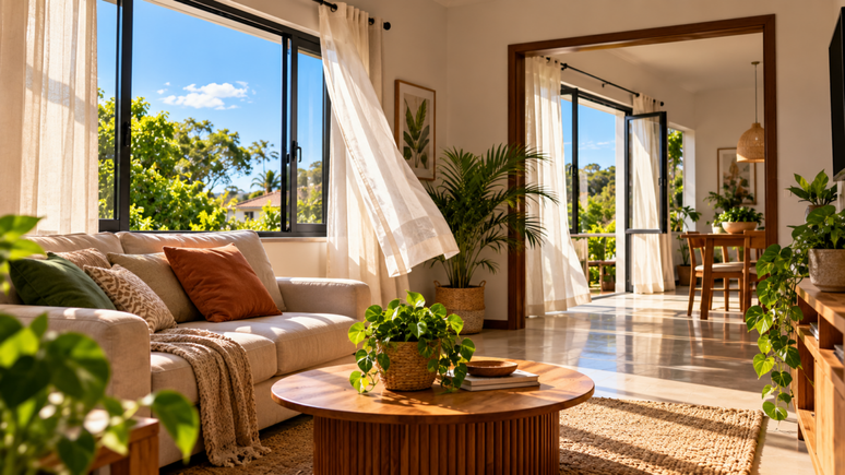 Cortinas, toldos, ventila&ccedil;&atilde;o e disposi&ccedil;&atilde;o dos m&oacute;veis ajudam a controlar o calor em casa. Entenda quais estrat&eacute;gias funcionam melhor em cada ambiente.