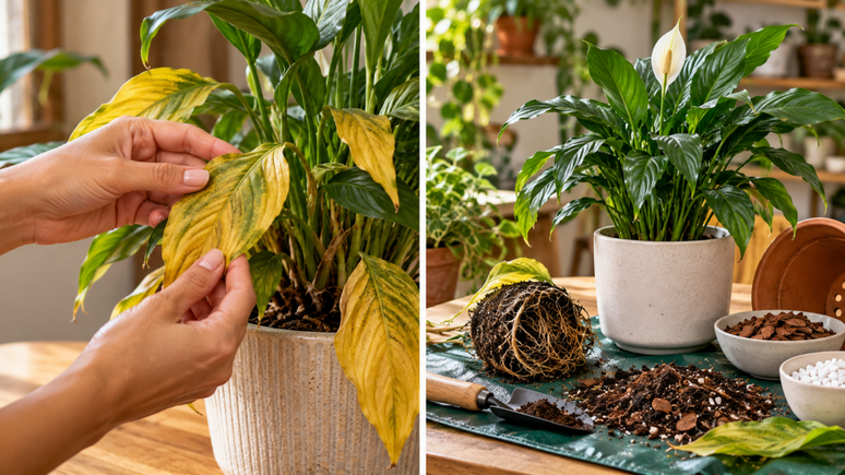 Saiba o que fazer quando as folhas da planta come&ccedil;am a amarelar e como ajustar a rega, a ilumina&ccedil;&atilde;o, o substrato e a poda sem agravar o problema.