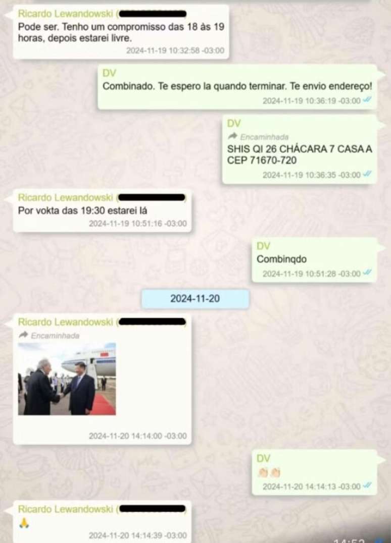 Trecho de conversa entre Vorcaro e Lewandowski em 19 de novembro de 2024.