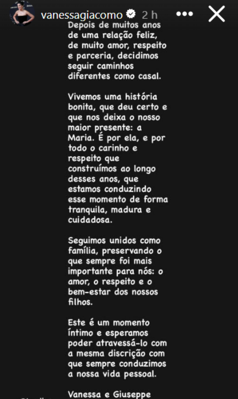 Vanessa Gi&aacute;como anuncia fim do casamento com Giuseppe Dioguardi ap&oacute;s 12 anos