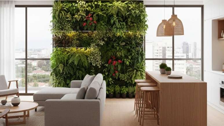 A parede verde biof&iacute;lica cria integra&ccedil;&atilde;o harm&ocirc;nica entre sala e cozinha com est&eacute;tica natural e bem-estar di&aacute;rio - Imagem gerada por IA