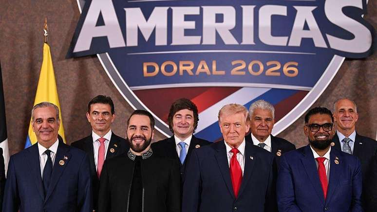 Trump Luis Abinader, Rodrigo Paz Pereira, Bukele, Milei, Jos&eacute; Ra&uacute;l Mulino, Mohamed Irfaan Ali e Nasry "Tito" Asfura