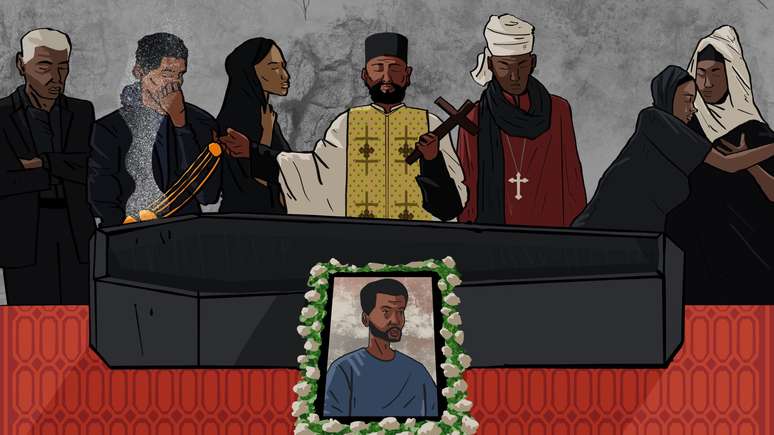 
Ilustra&ccedil;&atilde;o que representa um funeral crist&atilde;o ortodoxo. Um grupo de pessoas est&aacute; reunido atr&aacute;s de um caix&atilde;o vazio. Diante do caix&atilde;o, a imagem de um homem.
