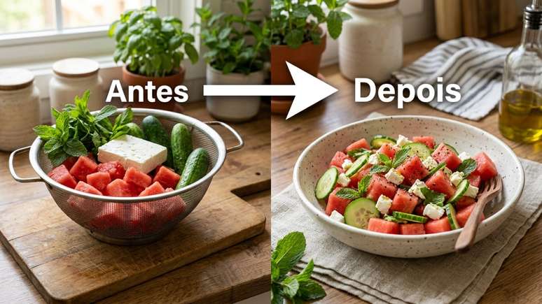 Respeite o tempo de descanso no escorredor para combinar a melancia com queijo feta, pepino e hortel&atilde; de forma perfeita.