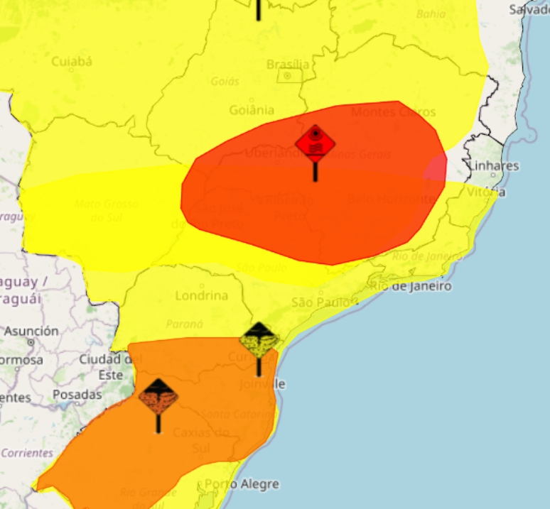 Mapa do Instituto Nacional de Meteorologia (Inmet) aponta parte do Estado de S&atilde;o Paulo em perigo extremo por causa do calor