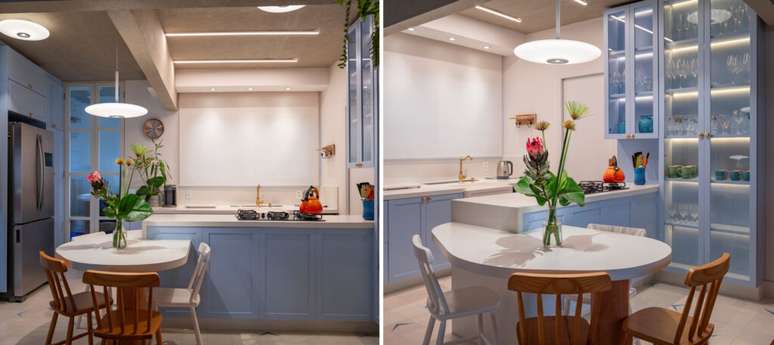 Cozinha bem iluminada com pendente, plafons, spots, perfis e fitas de led | Projeto de Dira Valli Arquitetura e fotos de Emerson Rodrigues
