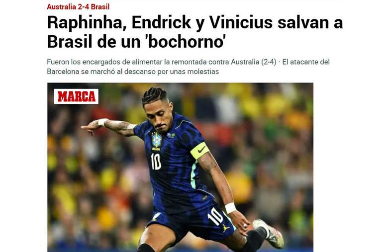 &ldquo;Raphinha, Endrick e Vini Jr salvam o Brasil do vexame&rdquo;, escreveu o Marca, da Espanha &ndash;