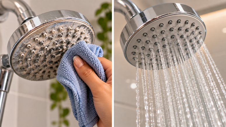 Quer limpar os furos do chuveiro? Veja como remover dep&oacute;sitos minerais sem agulhas ou objetos r&iacute;gidos e quando o vinagre pode ser usado.